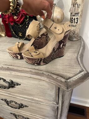 BCBGMaxAzria Tan Suede Snake-Print Platform Wedge Sandals